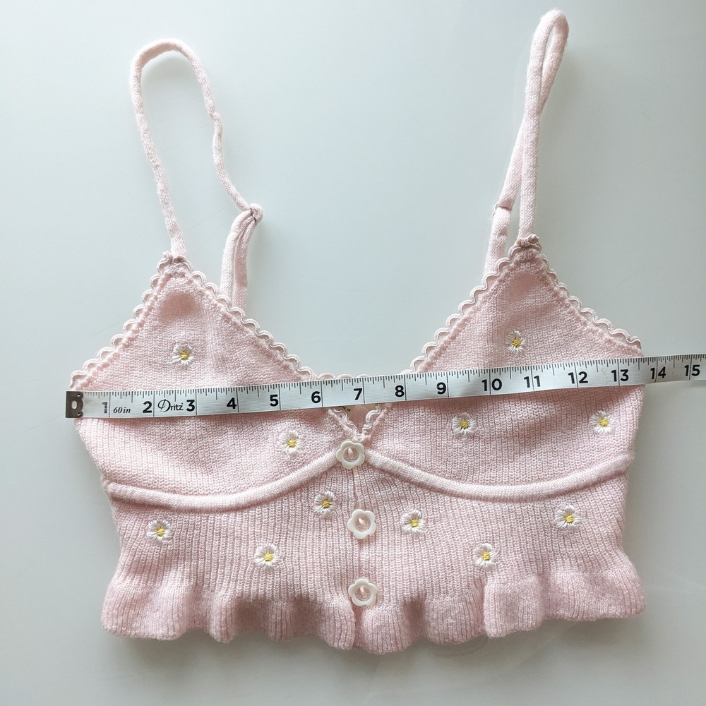 For Love And Lemons Callie Crop Top S Pink Knit Embroidered Daisy Coquette Cami - Picture 10 of 10